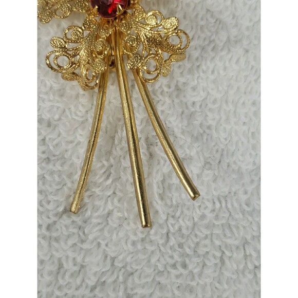 Vintage Gold Filigree Flower Pin Brooch Red Faux Ruby Stones Beautiful 3.5" - Picture 5 of 14